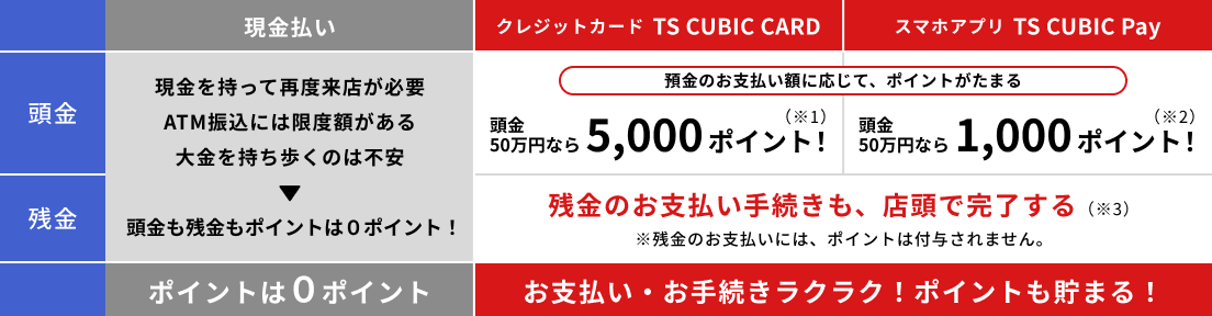 イメージ：現金払いとTS CUBIC CARD、TS CUBIC Payを利用比較