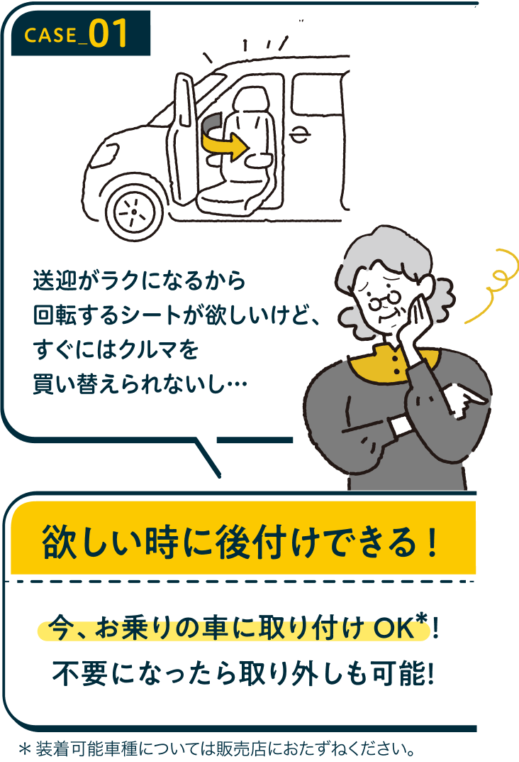 case01 送迎がラクになるから回転するシートが欲しいけど、すぐにはクルマを買い替えれないし…　欲しい時に後付できる！今、お乗りの車に取り付けOK！不要になったら取り外しも可能！